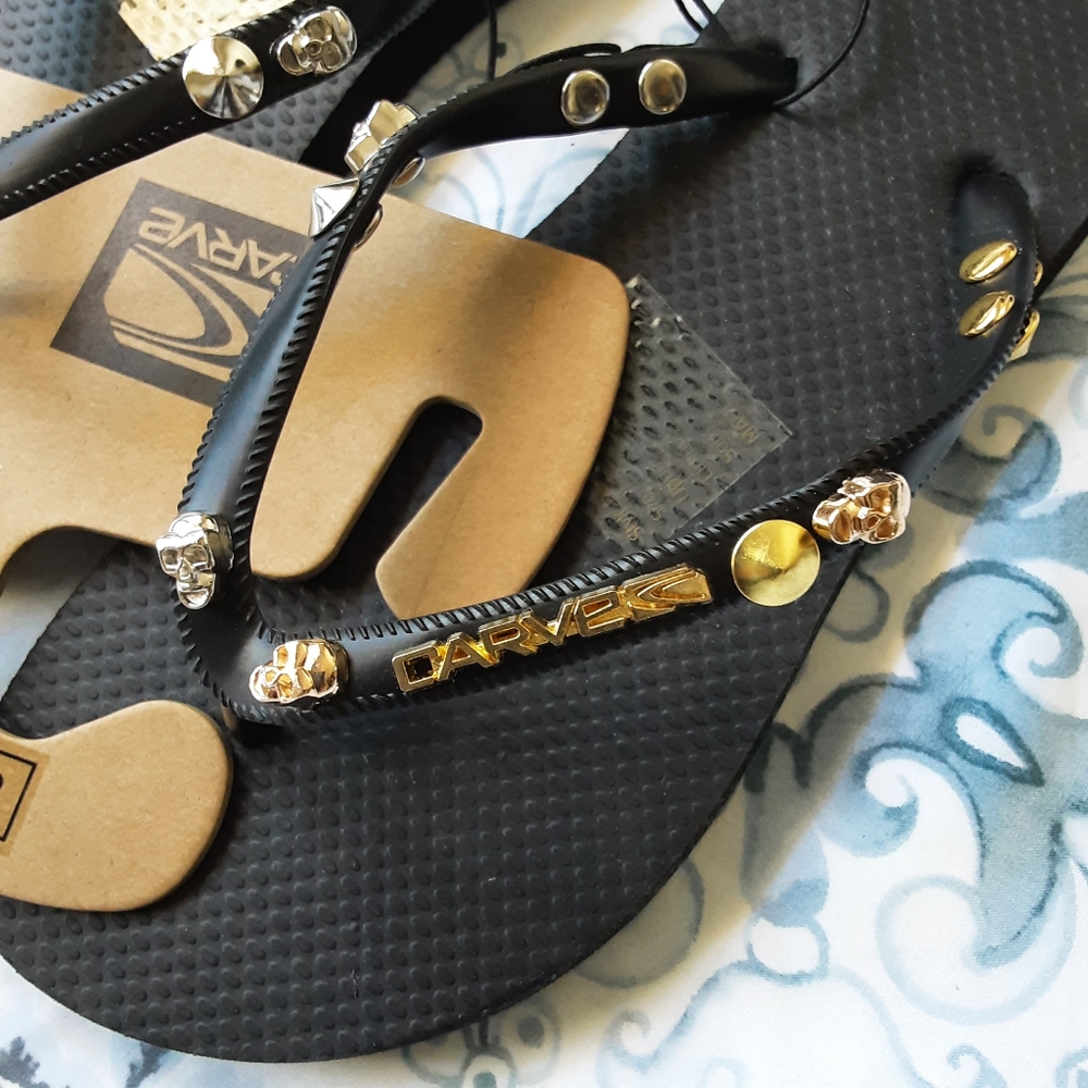 Carve Ladies Metallic Thongs Black/Gold - Golden Studded Size US 8, EUR 40 - Picture 4 of 8